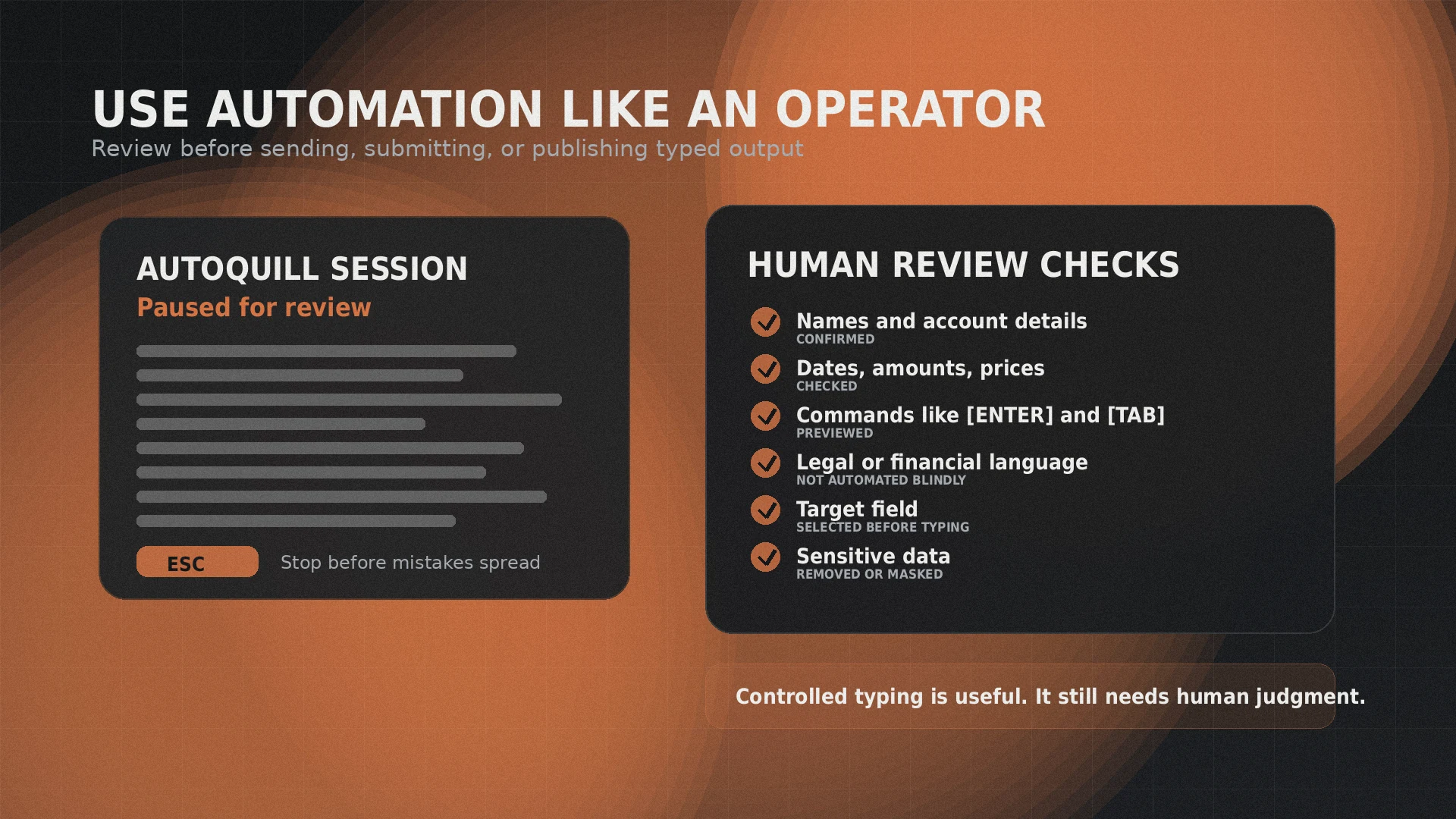 Human review checklist for auto typer output showing checks for names, dates, commands, target fields, and sensitive data