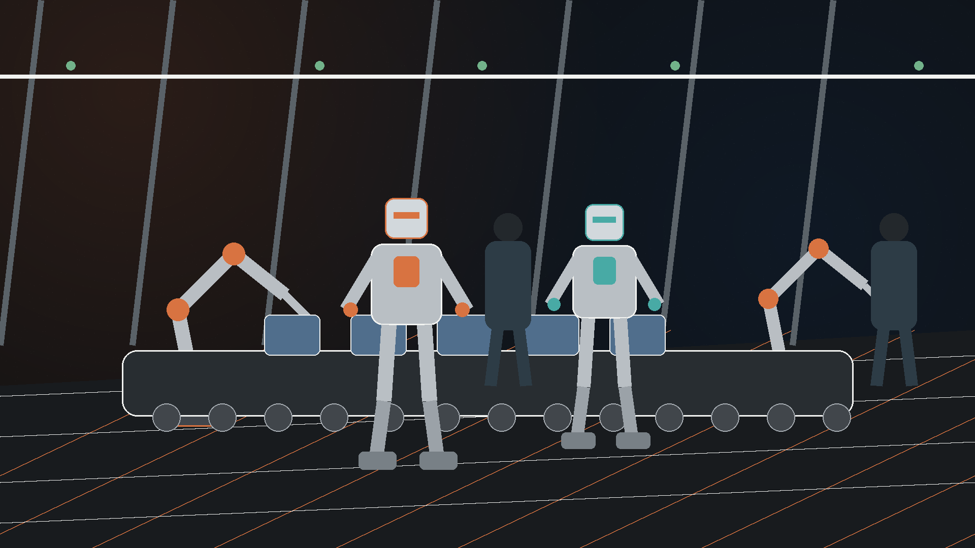 Dark Jivaro manufacturing scene with humanoid robots moving between automotive assembly cells, sensors, and production metrics.