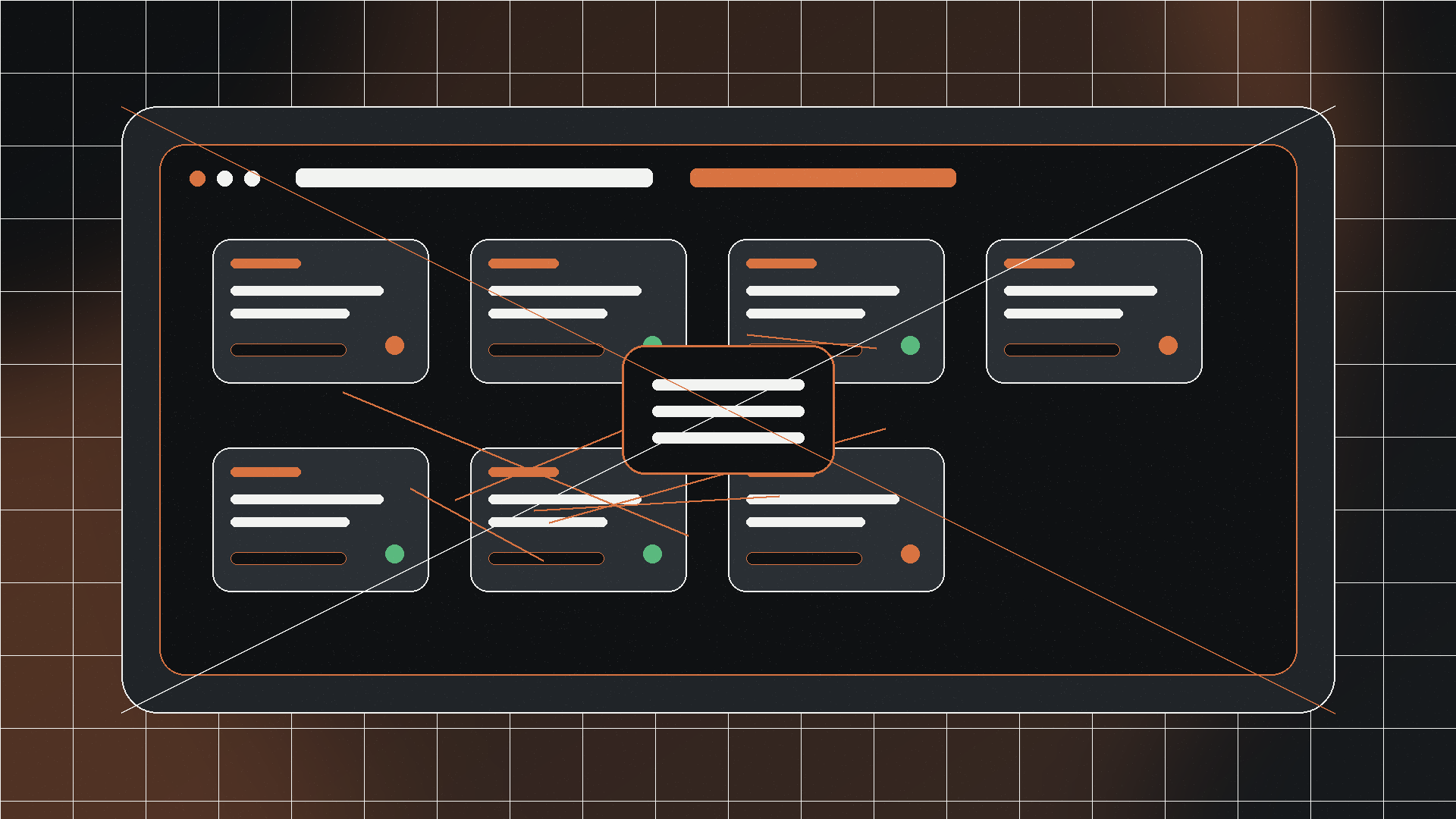 Abstract Jivaro OS-style browser instance grid with grouped sessions, status lights, and dark interface panels.