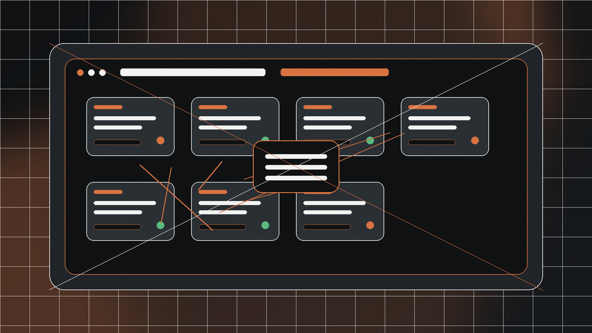 Abstract Jivaro OS-style browser instance manager with separated profiles, proxy status signals, and orange interface glow.