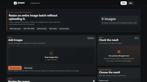 Bulk Image Resizer interface with batch image controls, previews, and output settings