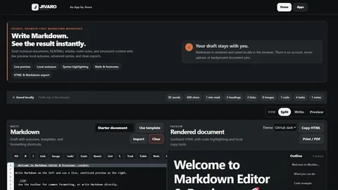 Markdown Editor and Previewer interface with writing panel and rendered document