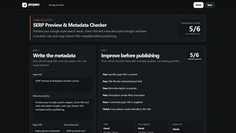 SERP Preview and Metadata Checker with metadata fields, quality score, and search preview