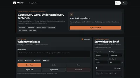 Word Counter and Text Analyzer interface with writing workspace, metrics, and brief controls