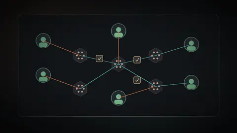 A network of small human operator nodes and AI agent nodes connected through workflow and approval gates.