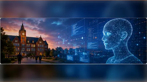 A traditional university campus connected to an AI tutoring and digital learning system, illustrating how higher education is being unbundled.