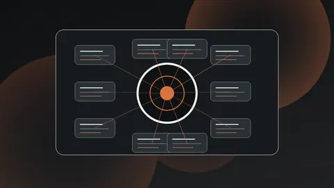 Abstract Jivaro-style operating dashboard showing reusable AI workflow cards around a central process core