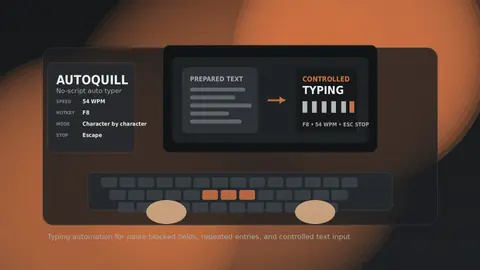 Desk scene showing a keyboard, a prepared text panel, and controlled typing output for an auto typer workflow