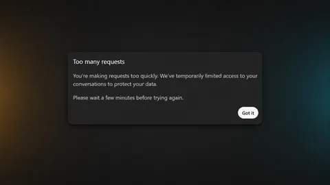 ChatGPT warning that rapid requests have temporarily limited access to conversations.