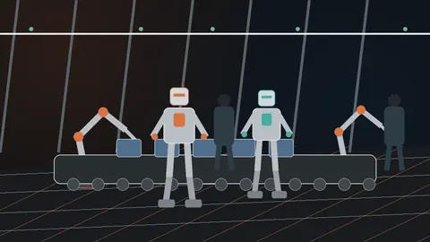 Dark Jivaro manufacturing scene with humanoid robots moving between automotive assembly cells, sensors, and production metrics.