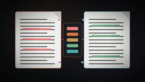Two formatted documents shown side by side with red and green redline changes passing through a comparison engine.