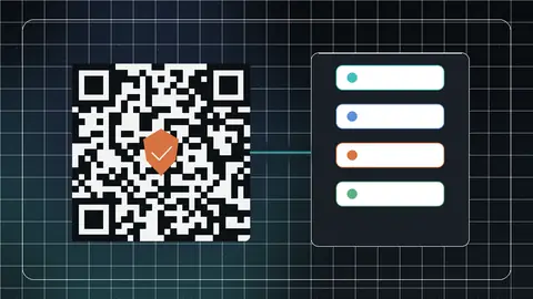 A high-contrast QR code with a protected logo center and verified contact, message, network, and event payload paths.