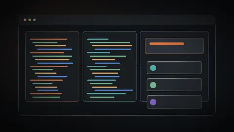 A dark browser development workspace with HTML, CSS, and JavaScript editors connected to a live responsive preview.