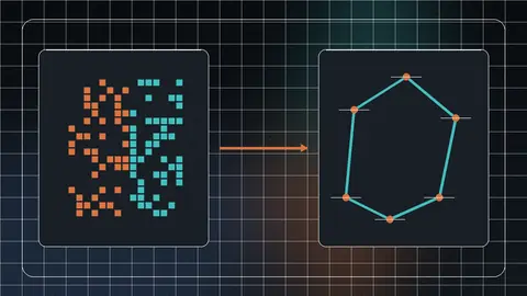 A raster pixel grid transforming into editable vector paths with control points and simplified color regions.