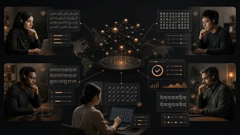 Multilingual AI evaluation workspace with language cards connected to a central model