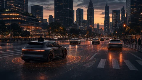Driverless robotaxi fleet operating through a dense modern city