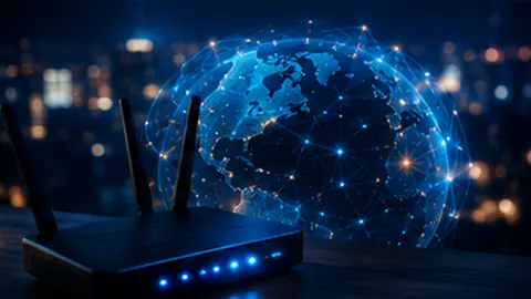 Home router connected to a global residential-proxy network, illustrating bandwidth sharing and internet traffic routing in a dark Jivaro-style scene.