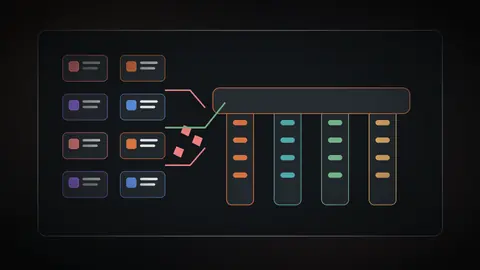 A field of fragile AI product cards failing before a platform supported by four strong pillars.