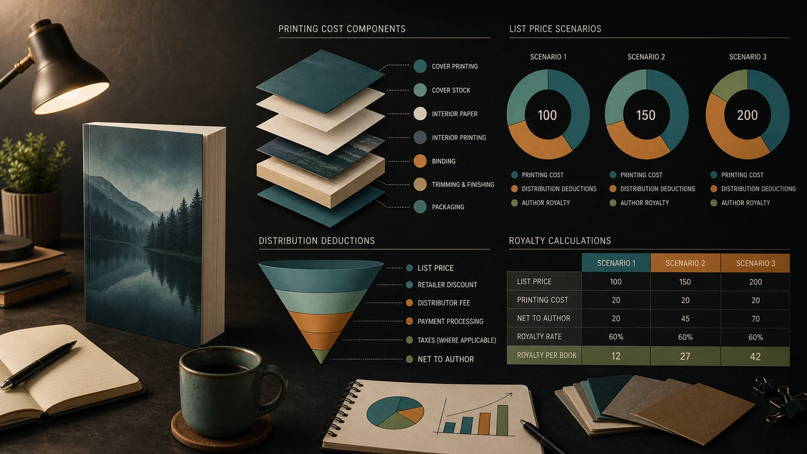 Paperback pricing analysis comparing printing costs, distribution deductions, and royalty scenarios