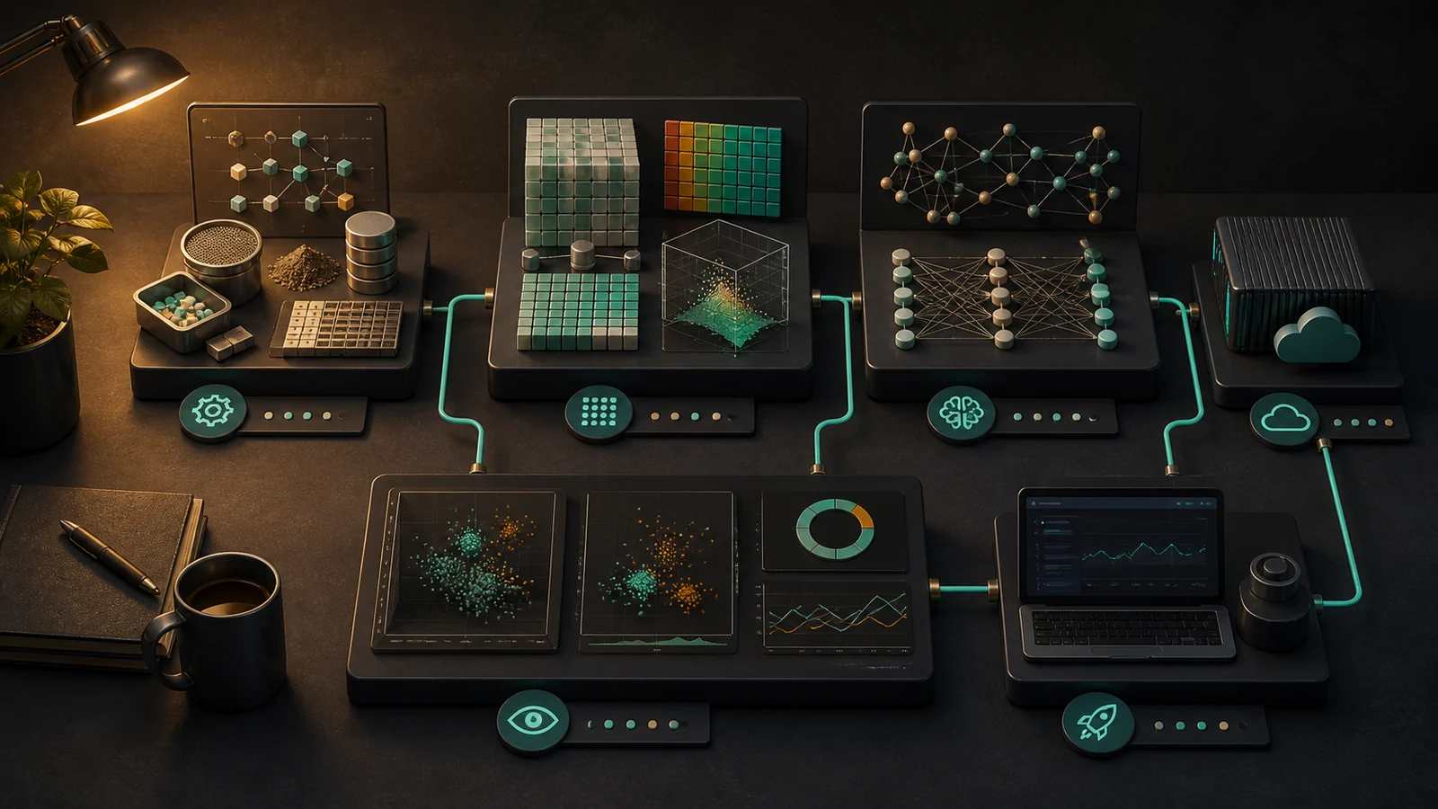 Modular machine-learning workbench connecting data preparation, numerical arrays, models, visualization, and deployment