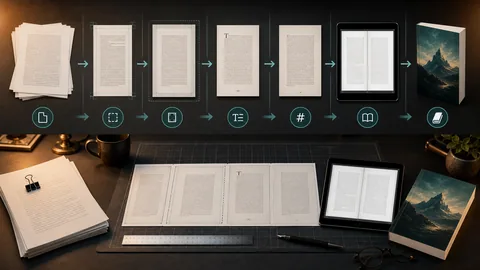 Paperback manuscript moving through trim size, margin, bleed, typography, and print-preview checks