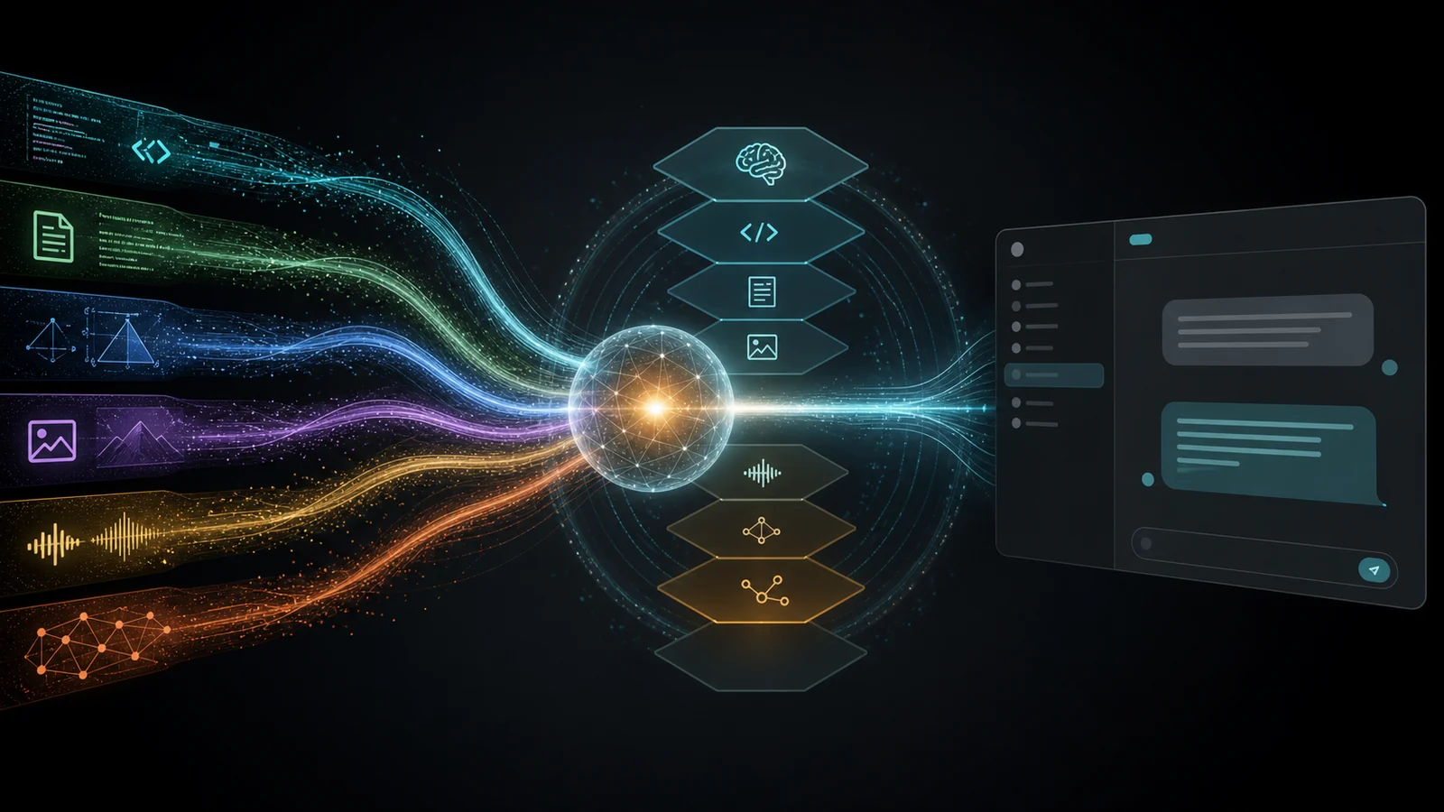 Specialized AI model paths converging into one unified reasoning and chat workspace