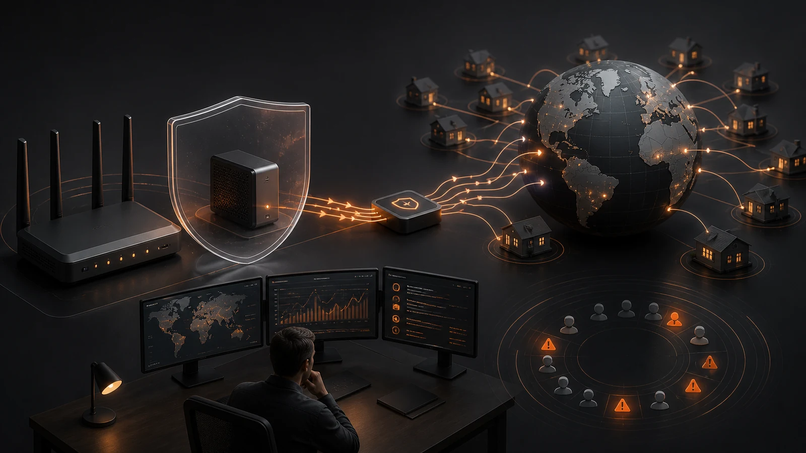Home router behind a security shield while proxy traffic passes through a monitored network