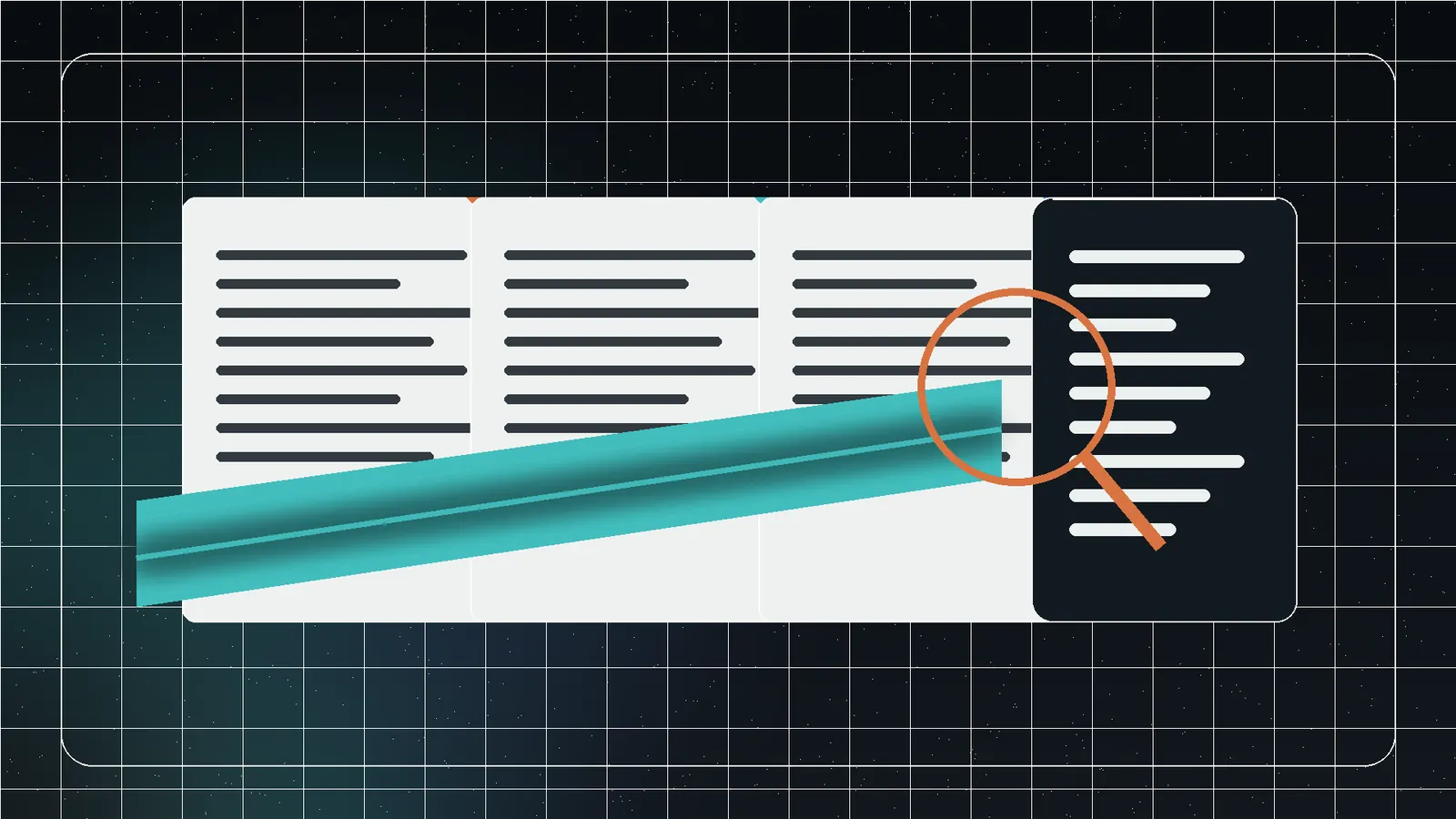 A scanner beam crossing PDFs, images, office documents, spreadsheets, and HTML into a clean searchable text workspace.