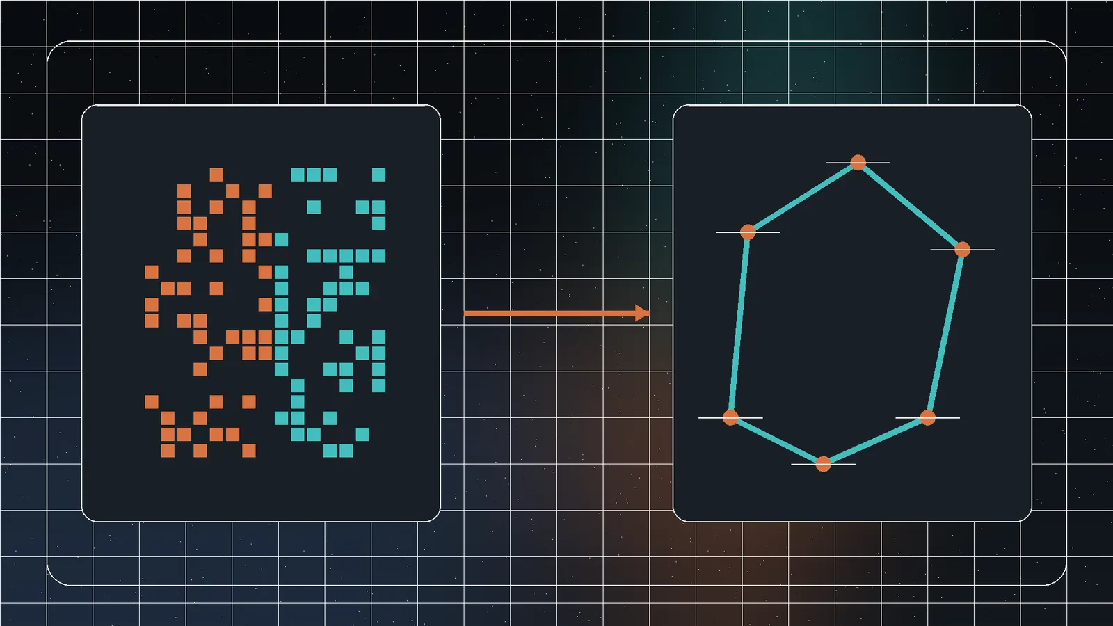 A raster pixel grid transforming into editable vector paths with control points and simplified color regions.