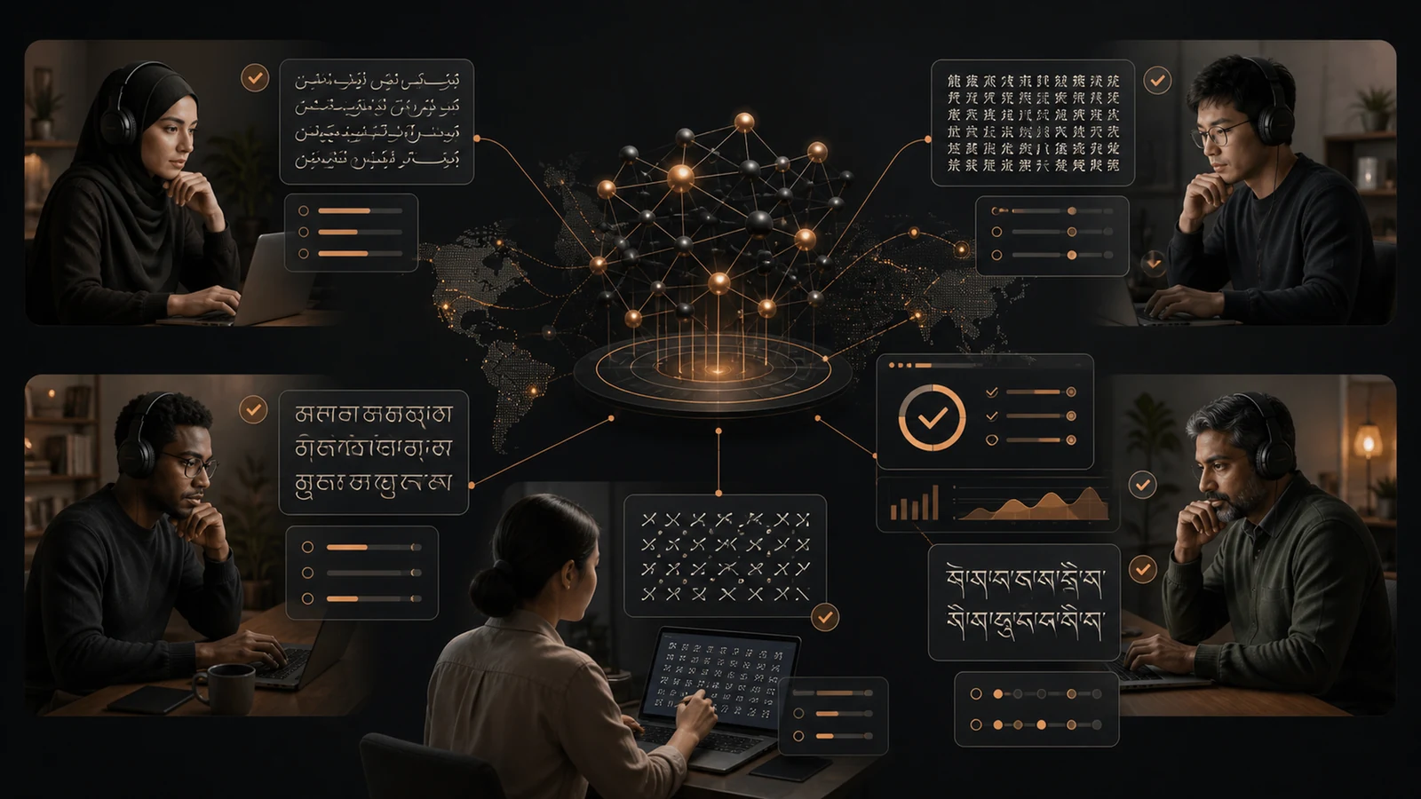 Multilingual AI evaluation workspace with language cards connected to a central model