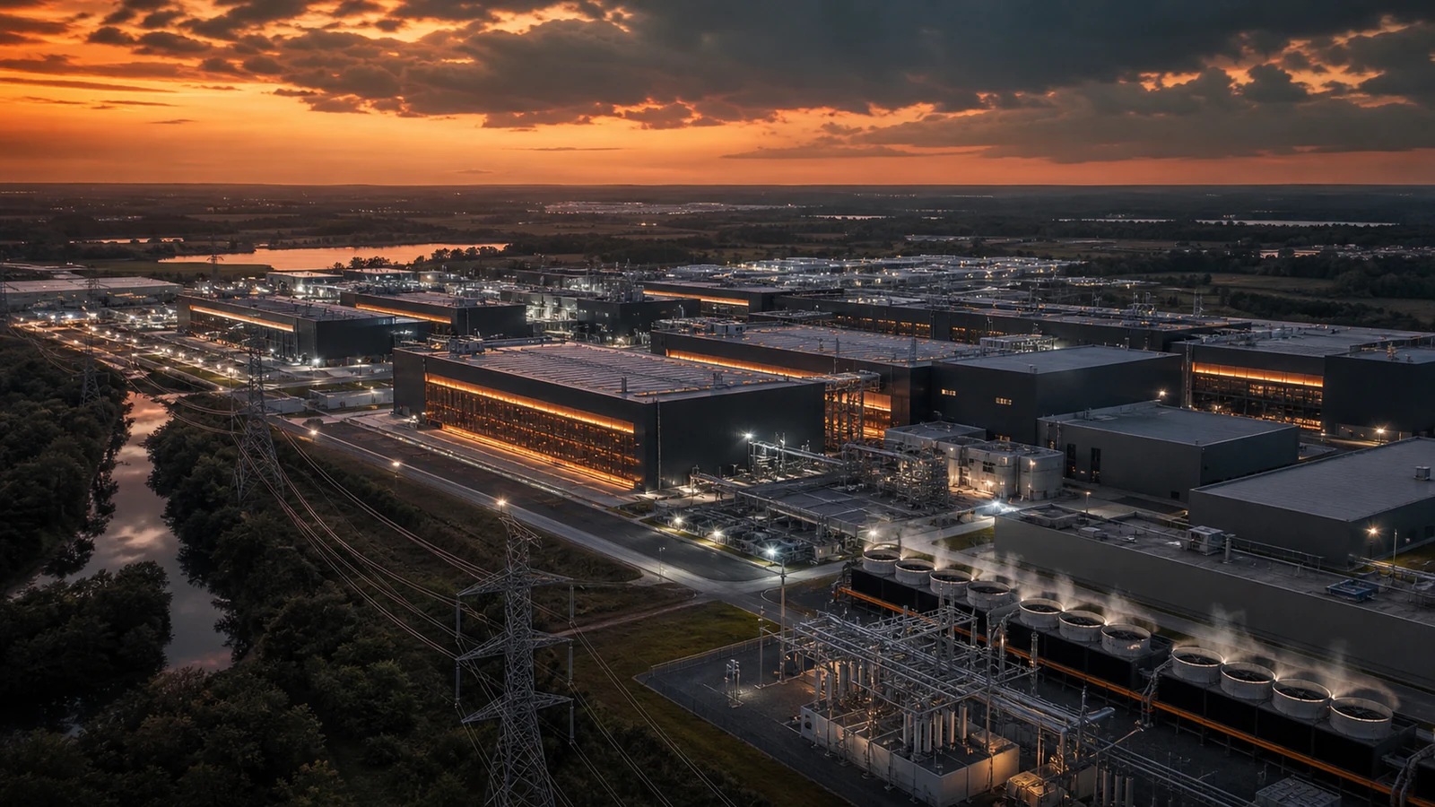 Large AI data center campus connected to regional power infrastructure