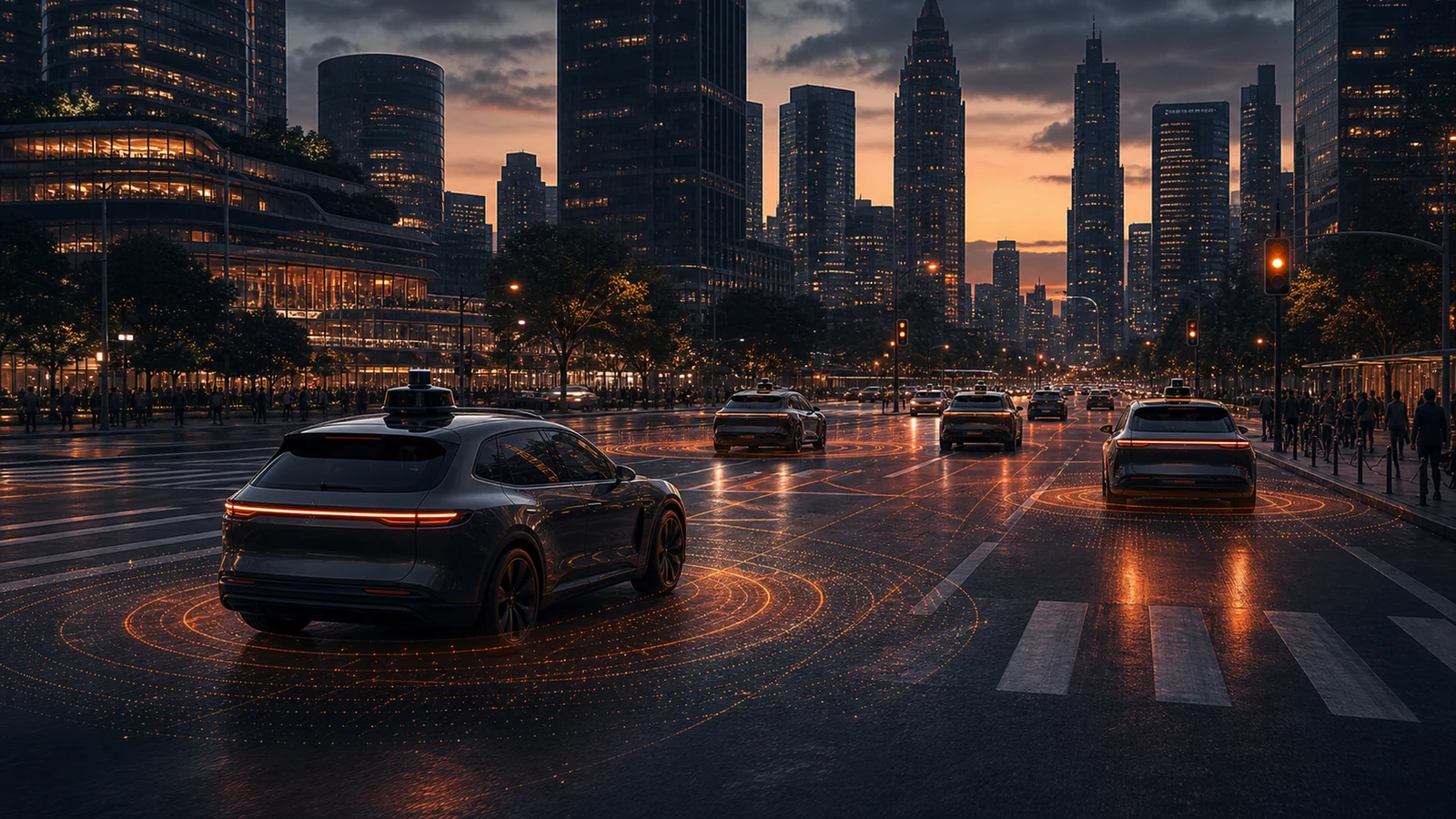Driverless robotaxi fleet operating through a dense modern city