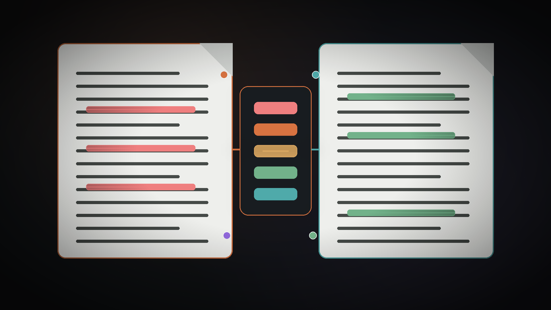 Two formatted documents shown side by side with red and green redline changes passing through a comparison engine.