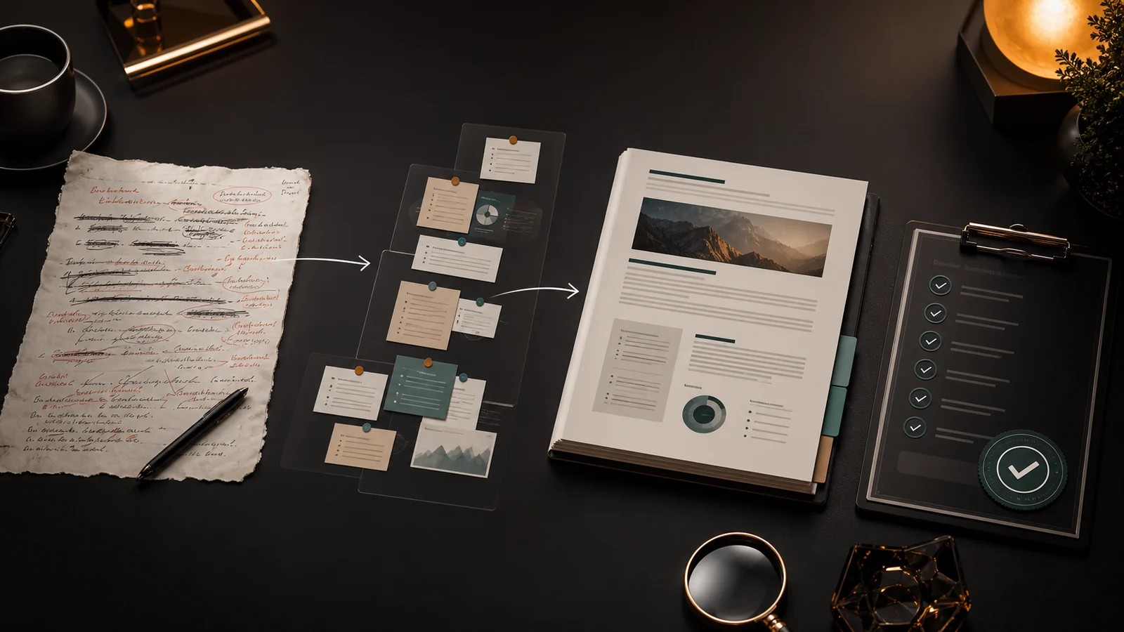Rough source draft becoming a structured, evidence-led, publication-ready article
