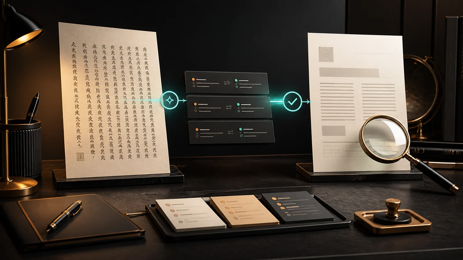 Source document moving through translation, terminology alignment, and quality review