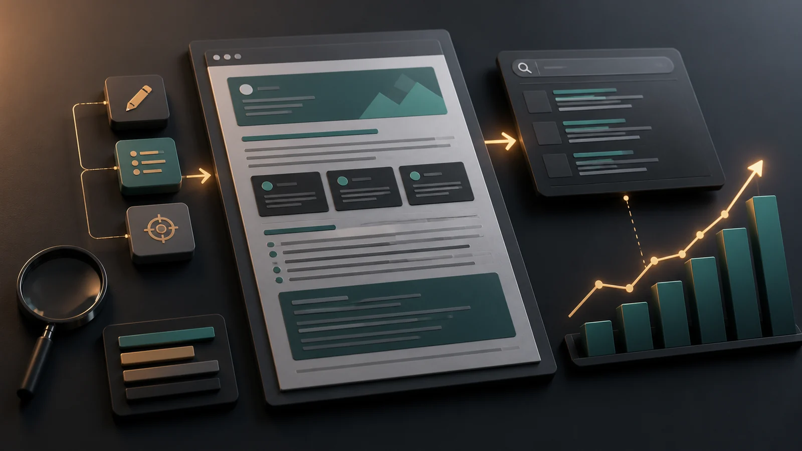 Single webpage moving through content rewriting, search optimization, and relevance review