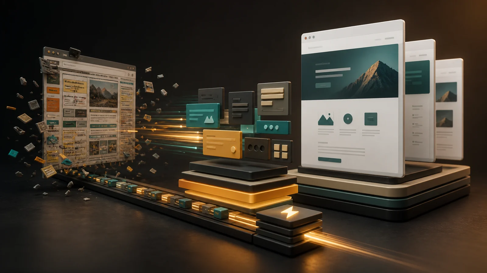 Legacy website transforming into a modern modular static site across responsive screens