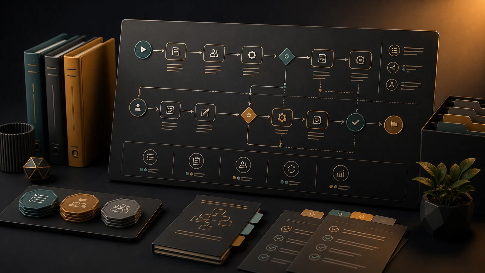 Operational workflow with documented steps, decisions, handoffs, checklists, and procedures