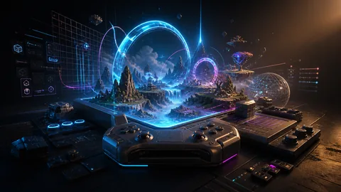 NexusArc gaming and technology scene with game development tools and digital worlds